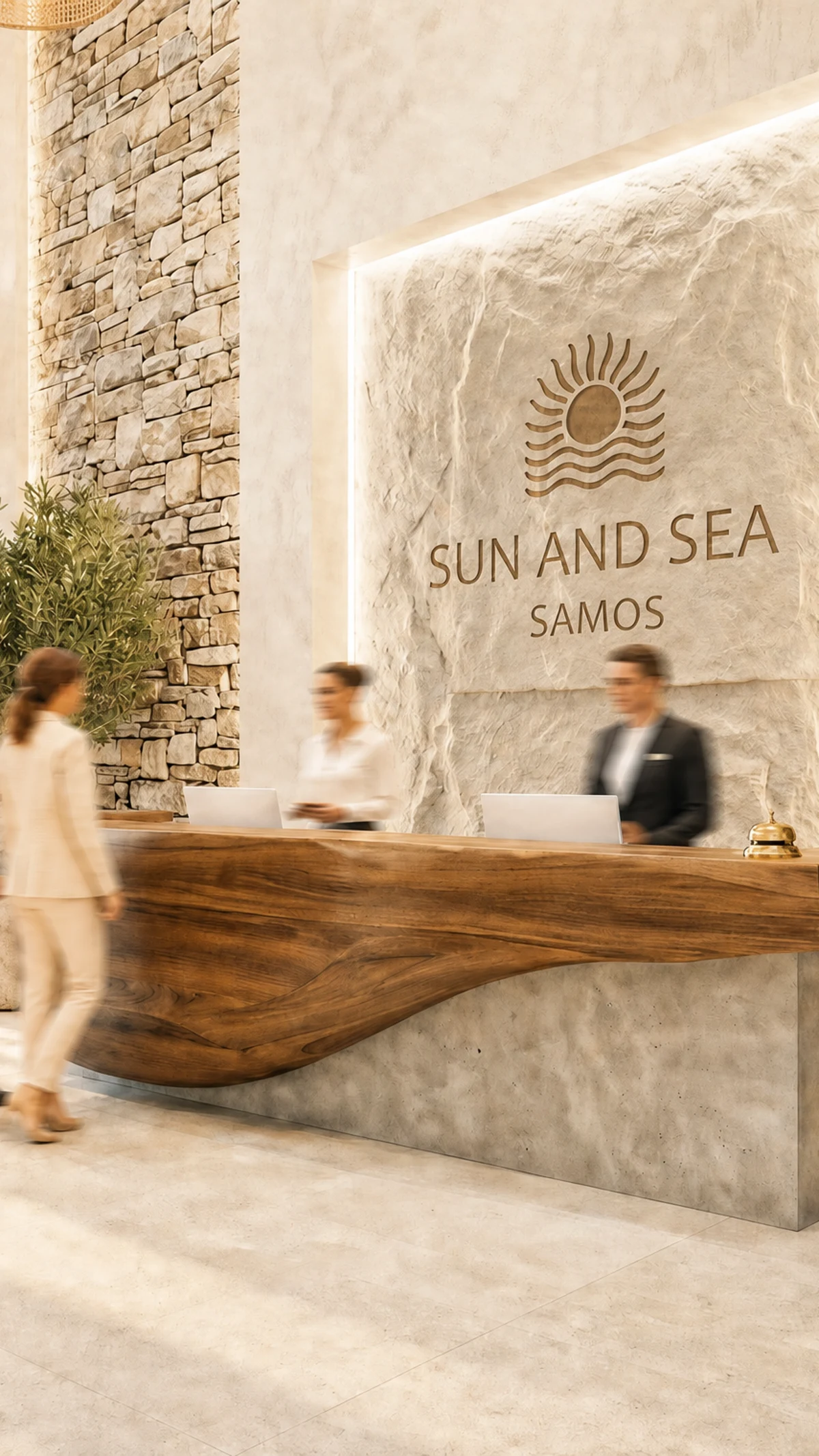 AI visualisation of the planned clubhouse reception and lobby, with warm stone and a timber reception desk