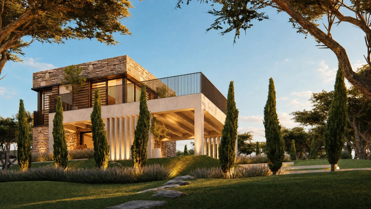 3D visualisation of a shaded colonnade and Mediterranean planting