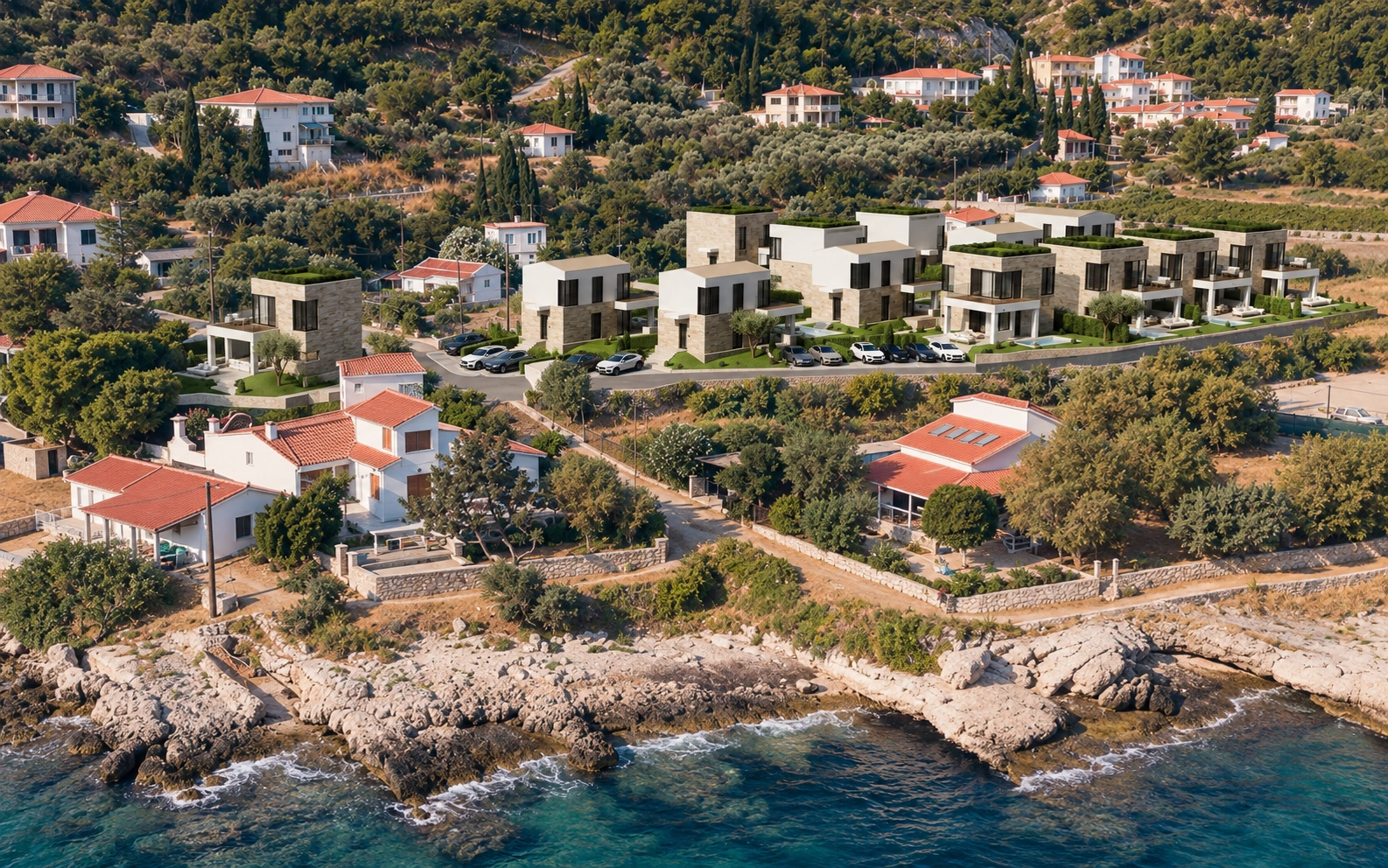 Site I viewed from the sea — architectural visualisation of the planned villas.