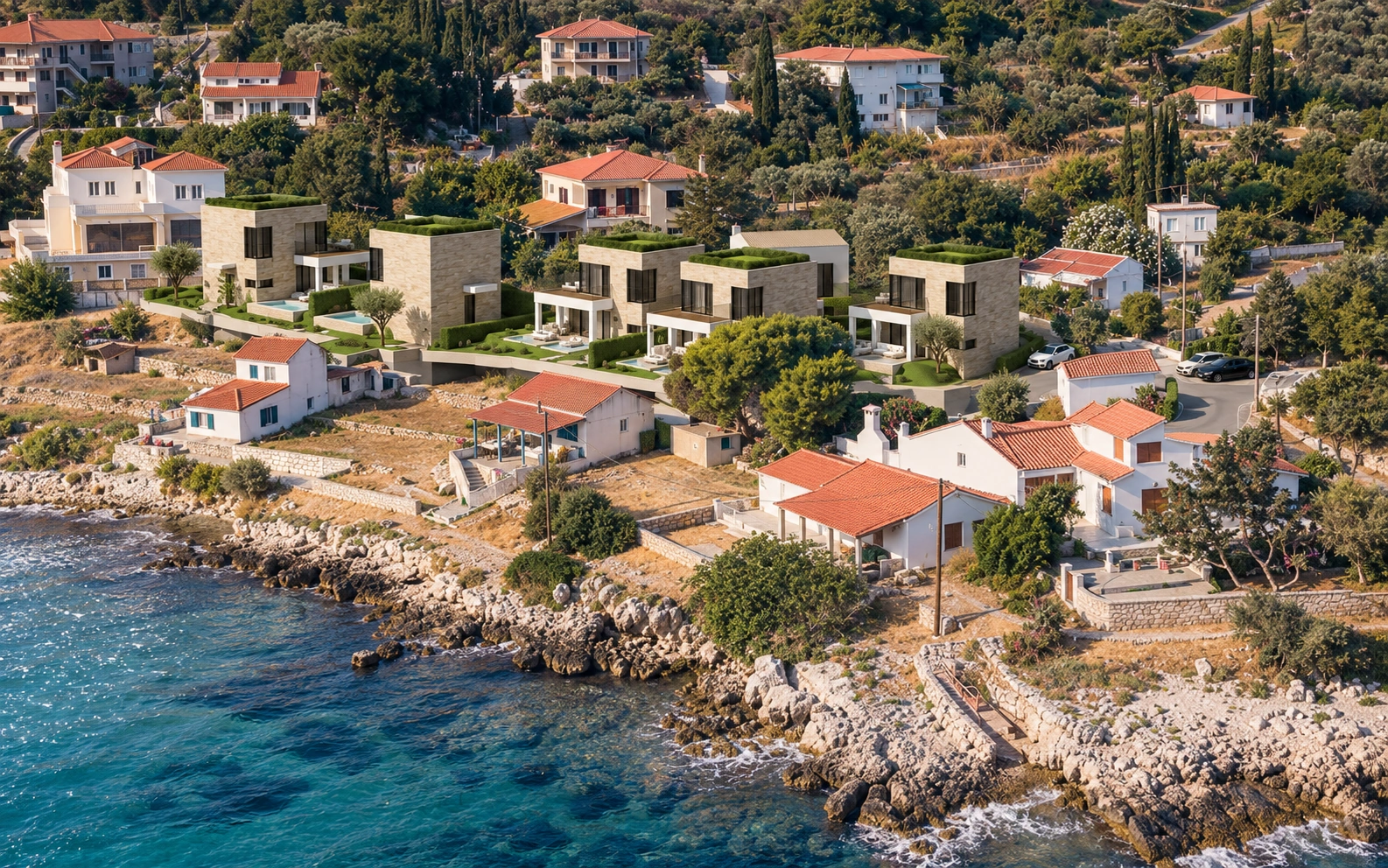 Site II viewed from the sea — architectural visualisation of the planned villas.