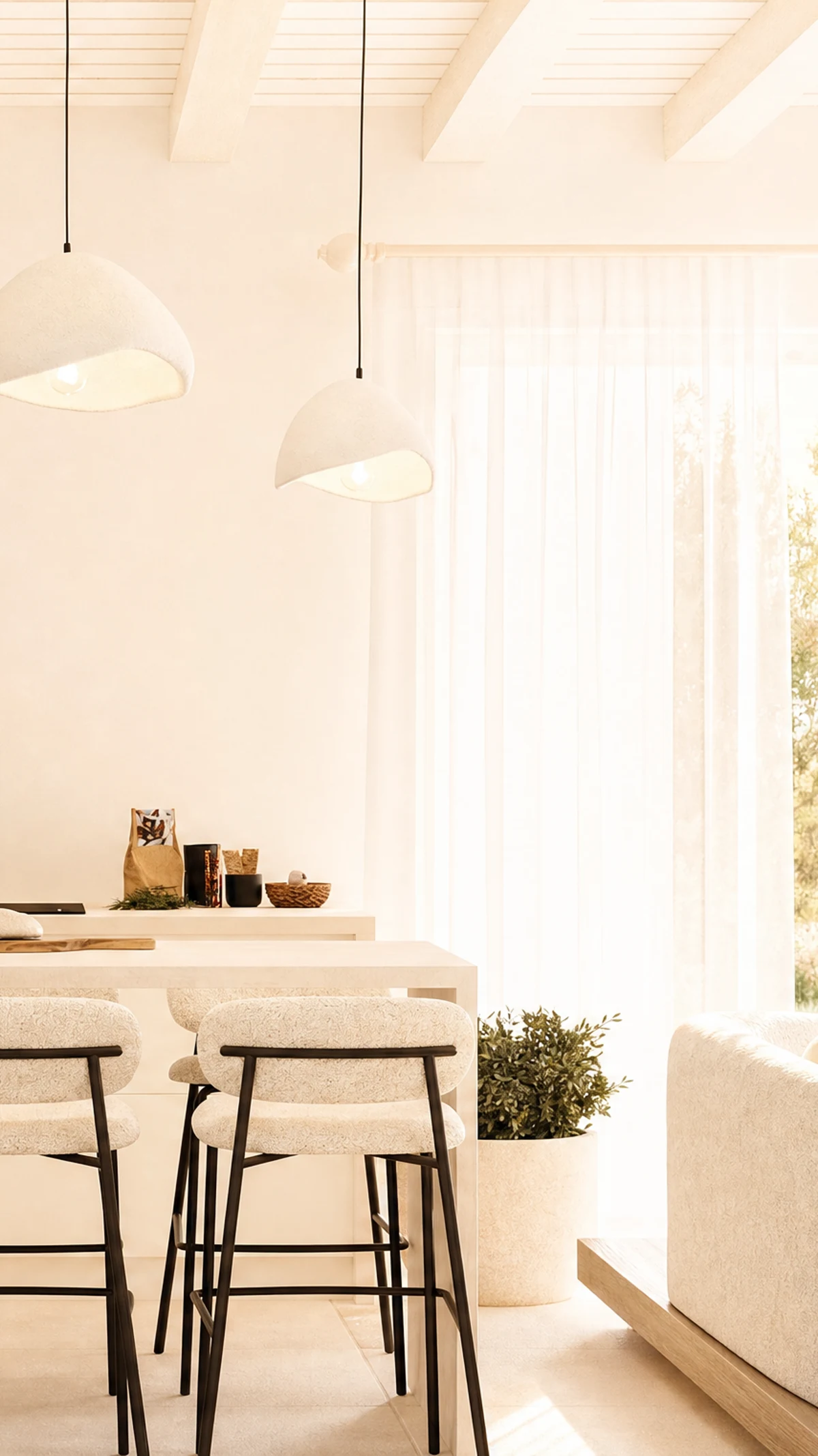 3D visualisation of an open villa kitchen and dining area