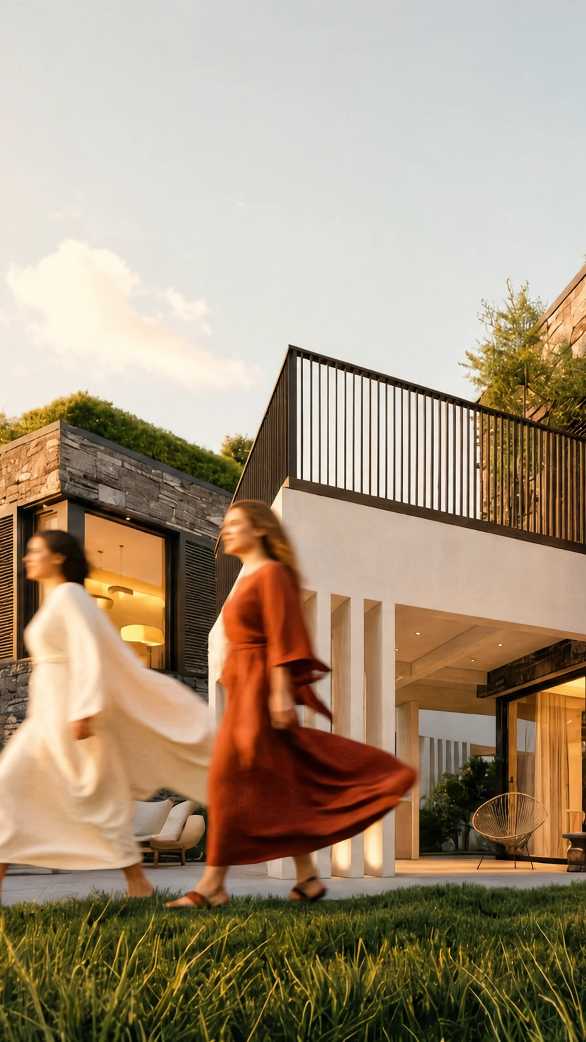 3D visualisation of residents walking through a villa garden at golden hour