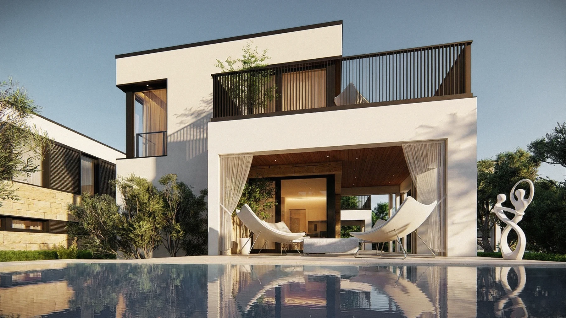 3D visualisation of a two-storey villa, shaded terrace and private pool